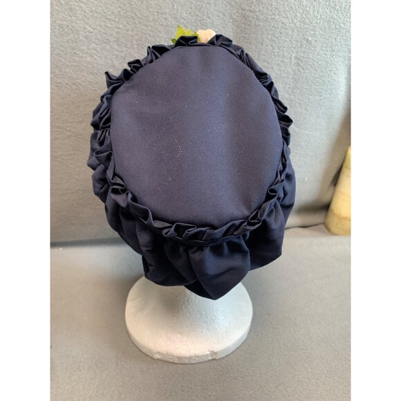 Handmade Navy Blue Ruffled Vintage Hat with Floral Accent by Pauline Boyer 21" - Picture 3 of 9